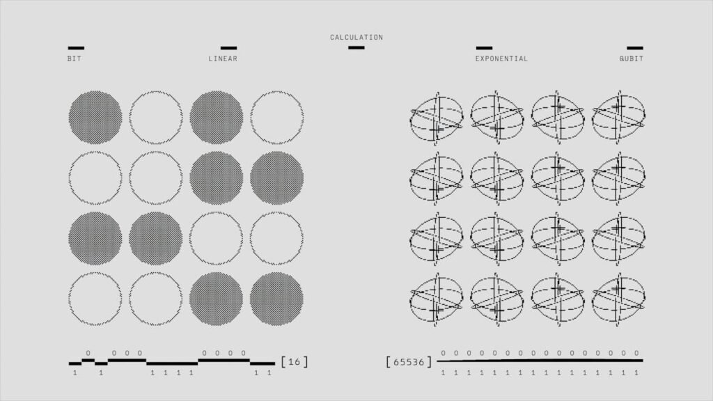 pexels photo 25626446 Visual representation of geometric calculations comparing bits and qubits in black and white.